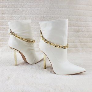 White Gold Tone Slim Stiletto High Heel Ankle Boots